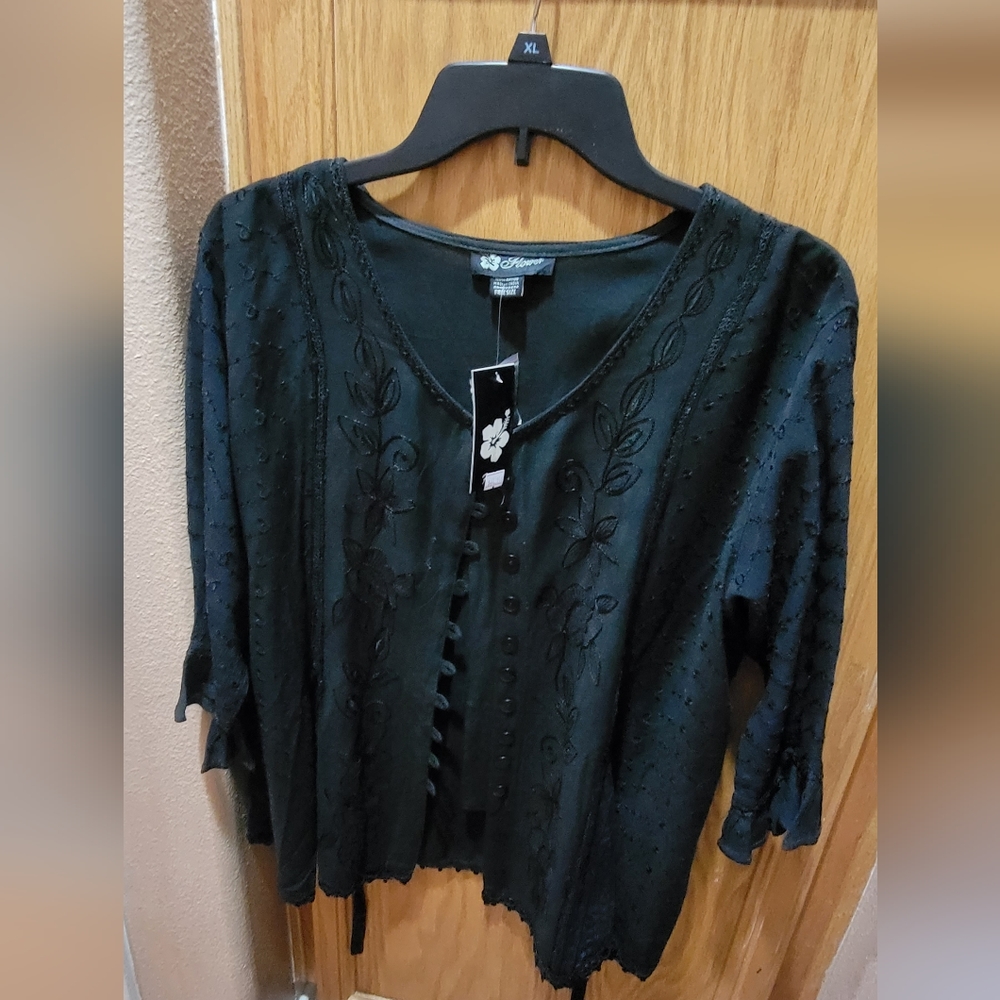 Flower Embroidered Button Down Blouse